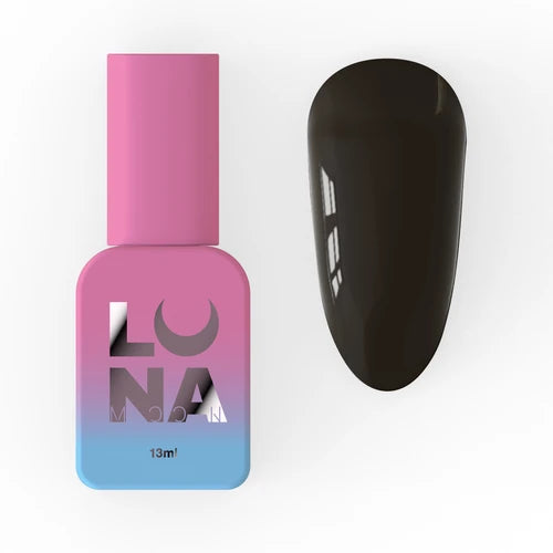 Pink and blue Luna gel polish bottle with glossy black nail swatch, manicure supplies