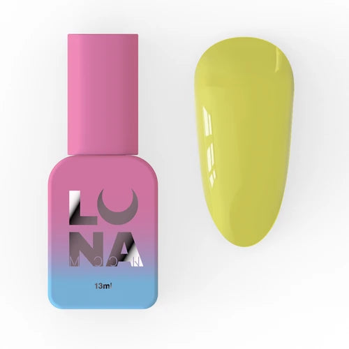 Yellow UV gel nail polish with pink and blue bottle and matching color swatch.