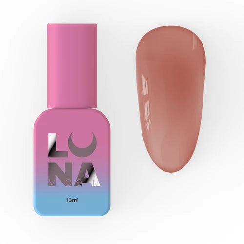 Pink and blue gel nail polish bottle with brown nail swatch, manicure product