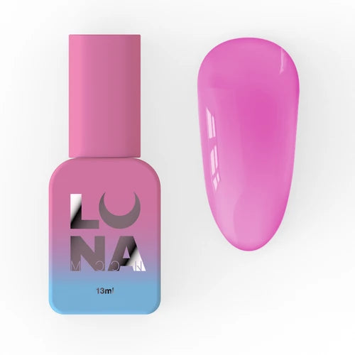 Pink gel nail polish bottle with gradient blue label and pink glossy nail swatch