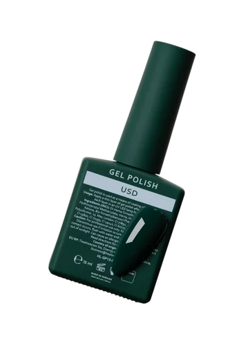 Dark green gel nail polish bottle with sample swatch for manicure and pedicure