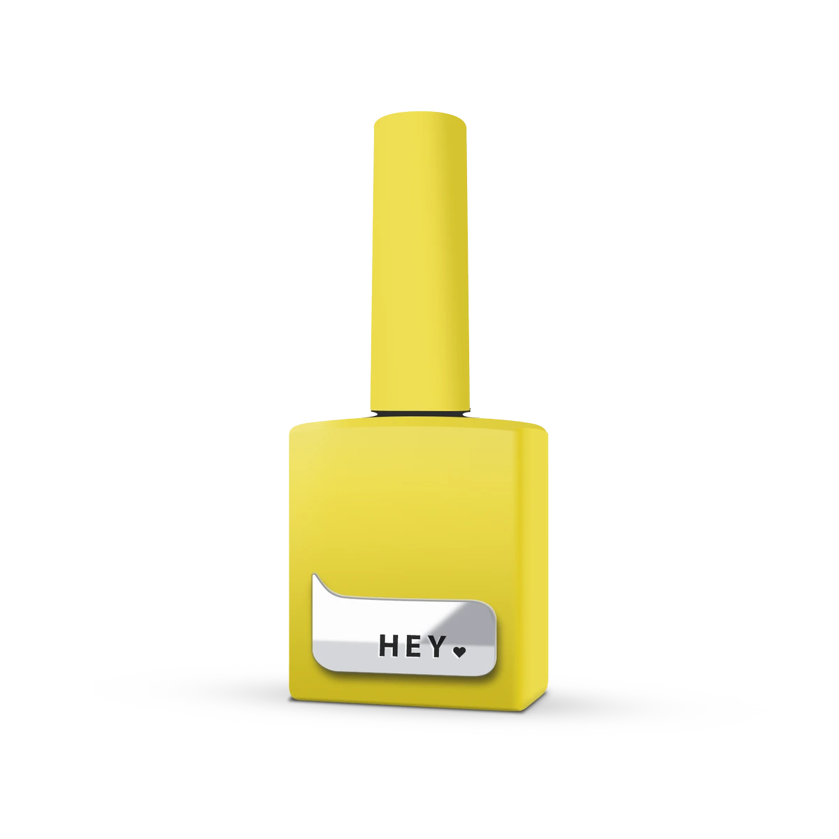 Yellow nail polish bottle with 'HEY' label, professional manicure product on white background.