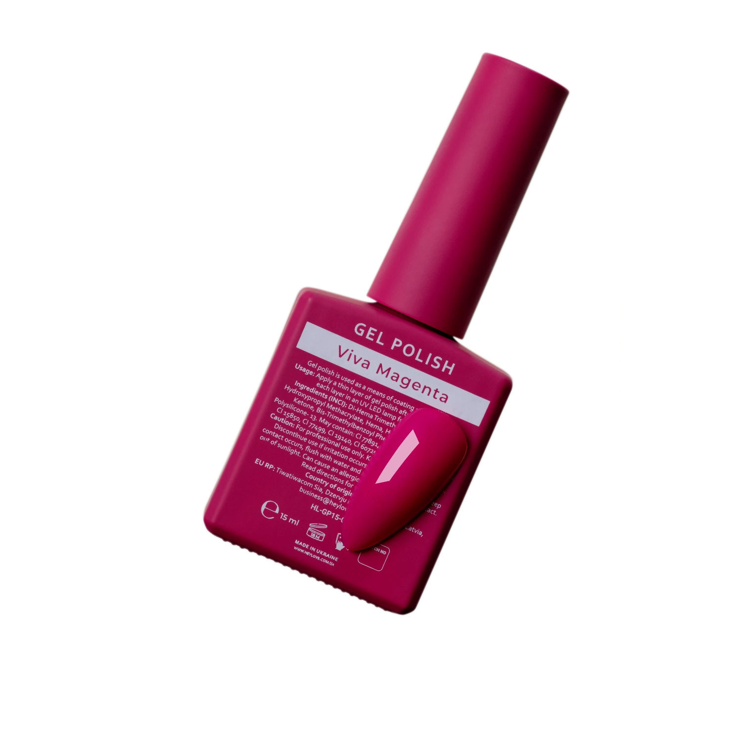 Viva Magenta gel nail polish bottle with matching magenta swatch for manicure