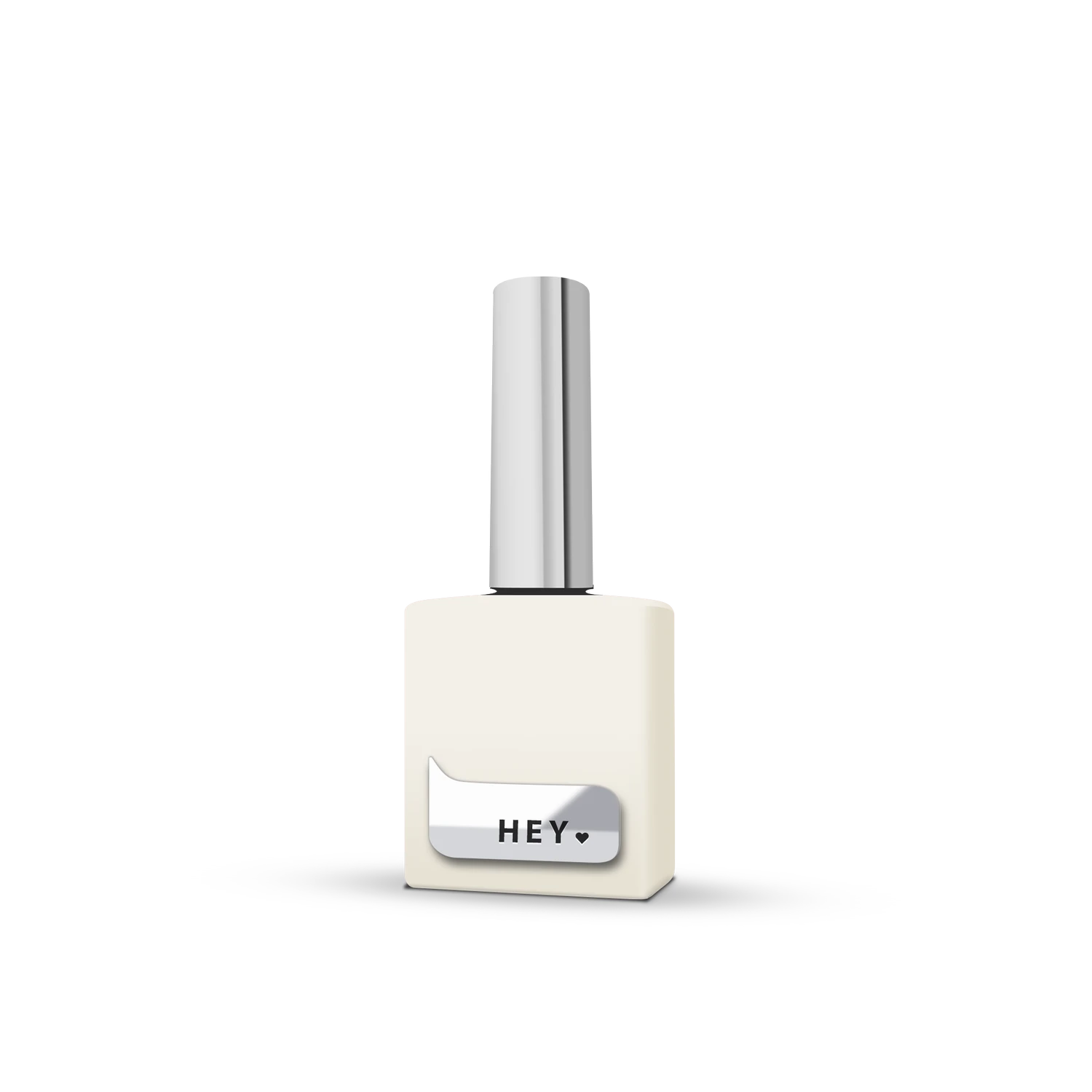 Square bottle of vanilla shade gel nail polish with silver cap on white background