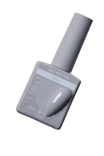 Gray gel nail polish bottle with matching color swatch, labeled Wool, for manicure use