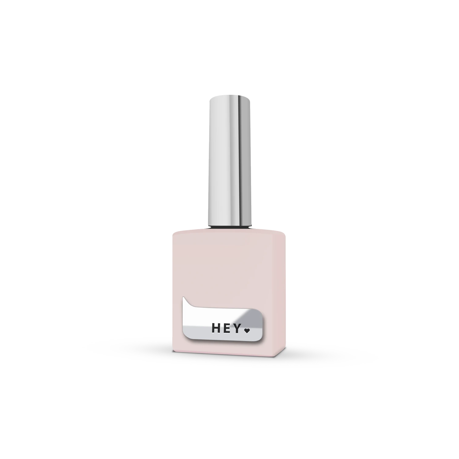 Pale pink gel polish bottle with silver cap and 'HEY' label for manicure.