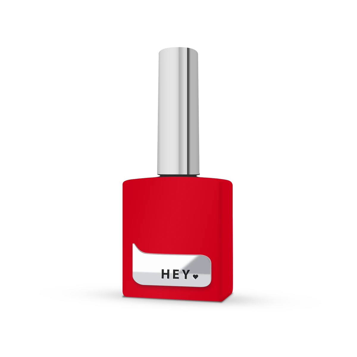 Red nail polish bottle with metallic cap and 'HEY' label, manicure product isolated on white