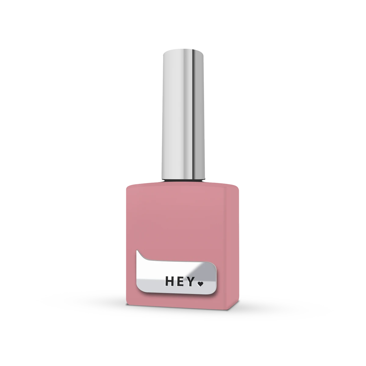 Pink nail polish bottle with metallic cap and 'HEY' label, manicure gel product