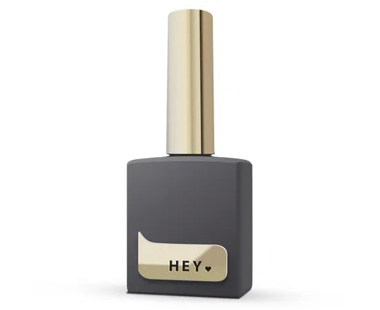 Glossy top coat UV gel nail polish in a matte black bottle with gold cap and HEY label