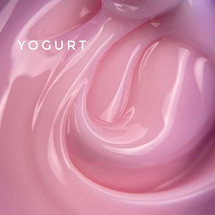 Glossy pink nail gel texture close-up with swirled finish, labeled 'Yogurt'