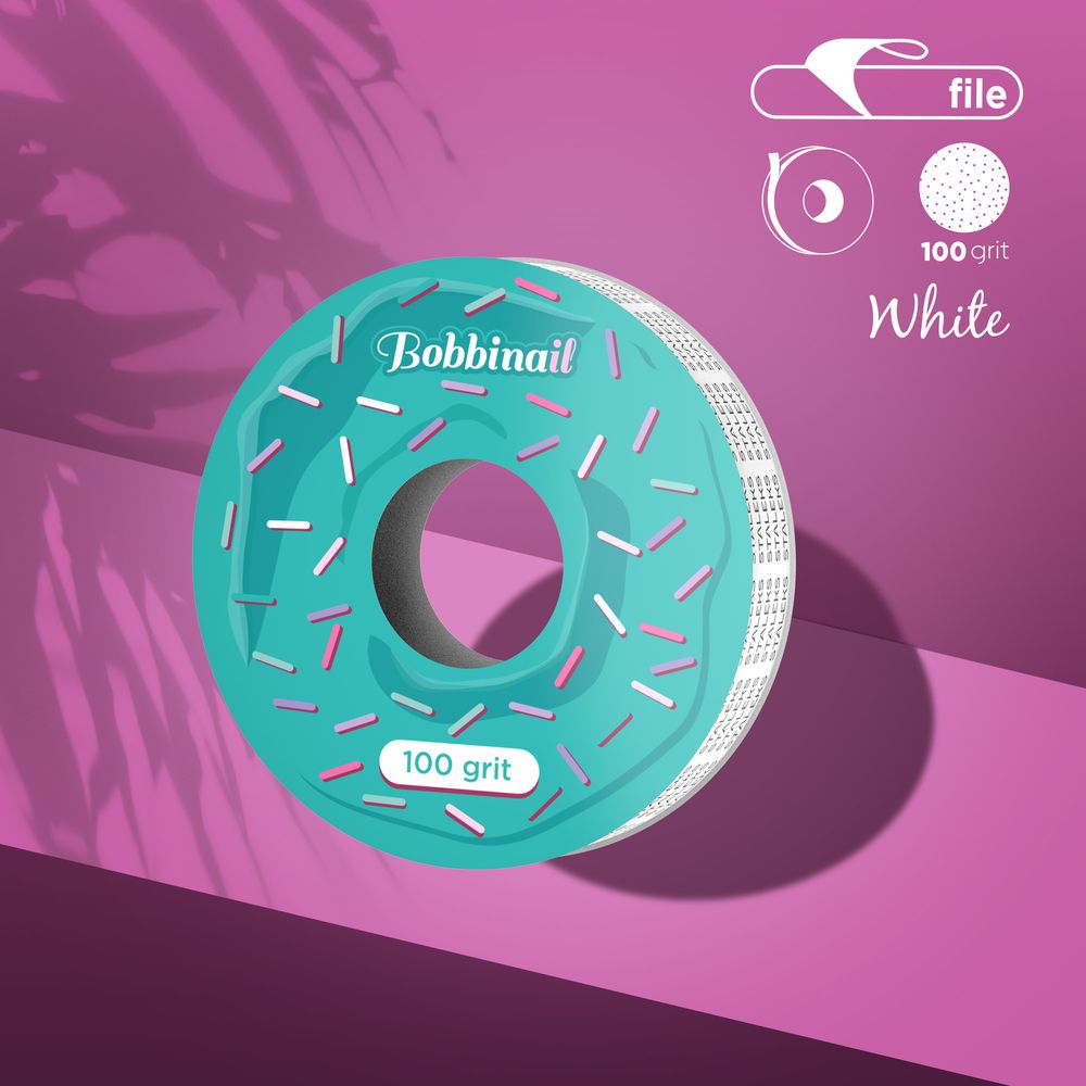 100 grit nail file roll with teal donut design for manicure, shown on pink background