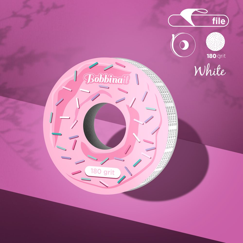 Pink 180 grit nail file roll with sprinkle design on a pink background, for manicure use