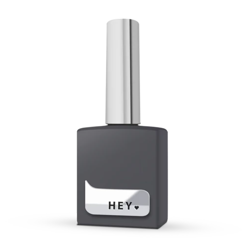 Black and silver gel nail polish bottle with a metallic cap, labeled HEY for manicure.