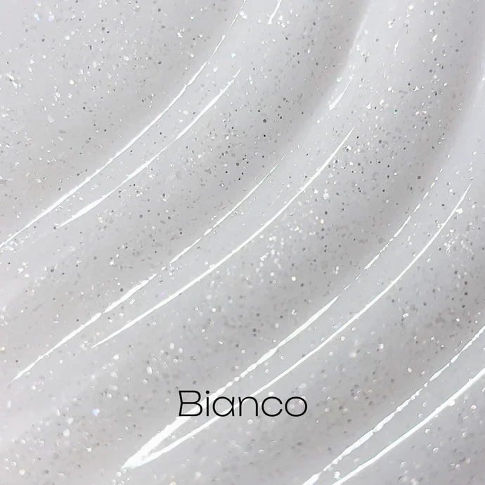 Shimmery white UV gel polish with fine glitter texture for nails, labeled 'Bianco'.