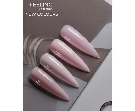 Four nude pink UV gel nail polish samples on display card, labeled with color names.