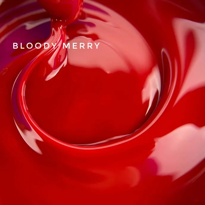 Vibrant glossy red nail polish swirl, labeled 'Bloody Merry', for manicure professionals