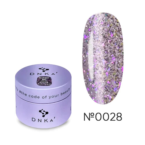 DNKA nail gel with glittery purple and silver color on a white background