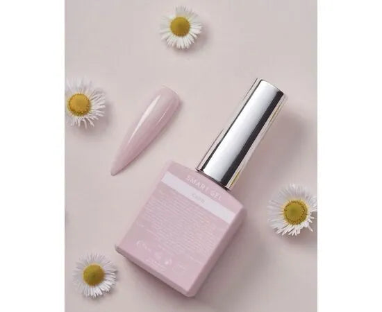Light pink UV gel polish bottle with sample swatch and daisies on pastel background, manicure product