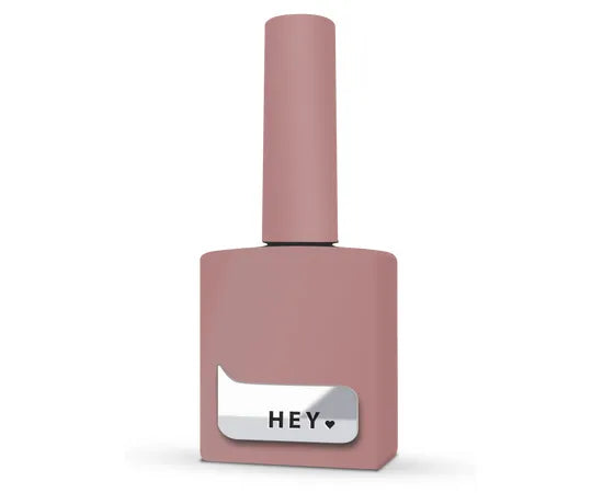 Dusty rose gel nail polish bottle with long cap and silver label reading 'HEY'.