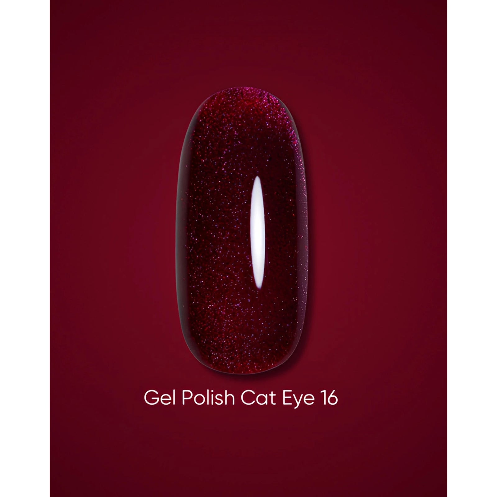 Deep red gel polish cat eye 16 swatch with glitter effect on a burgundy background