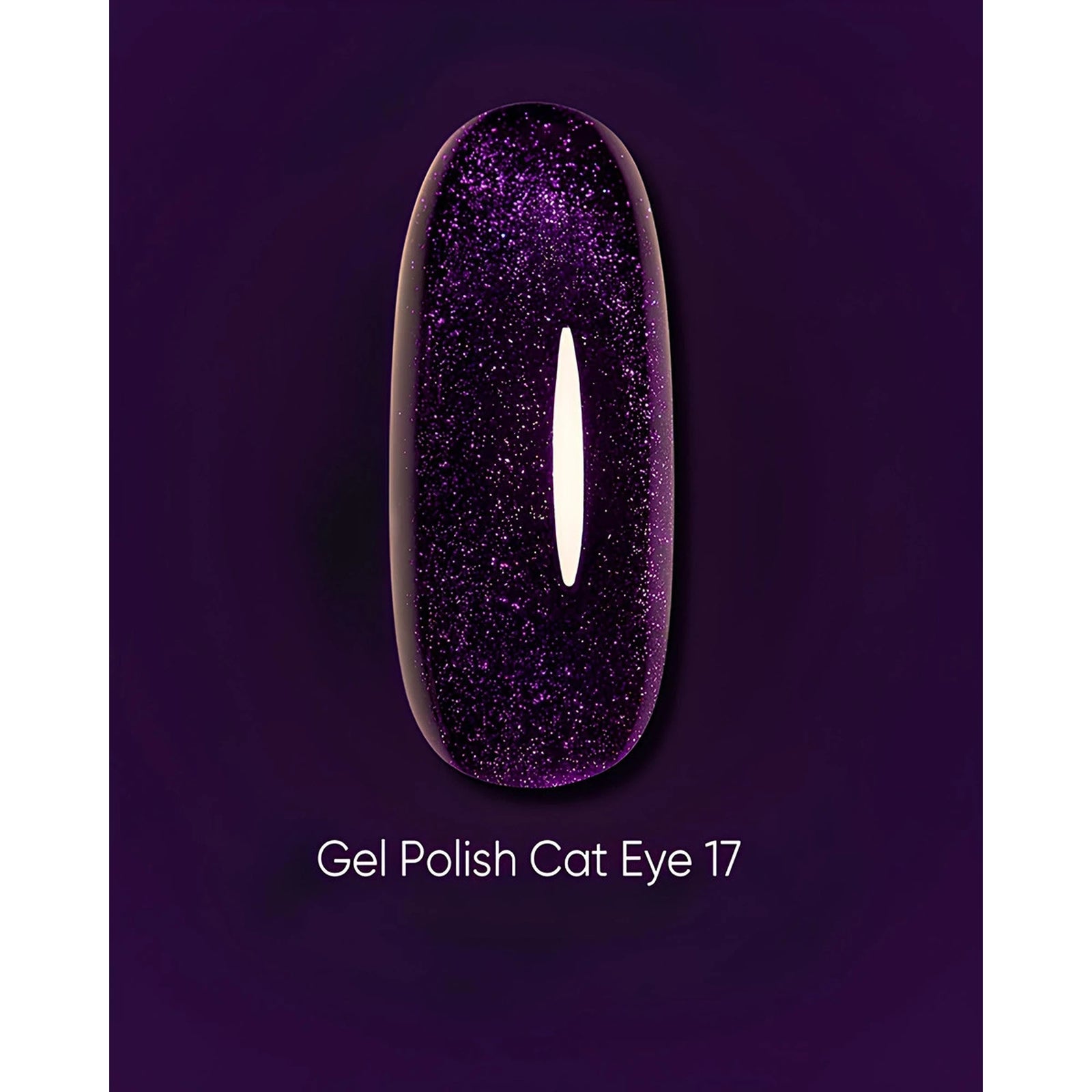 Purple glitter gel polish swatch with cat eye effect, labeled Gel Polish Cat Eye 17.