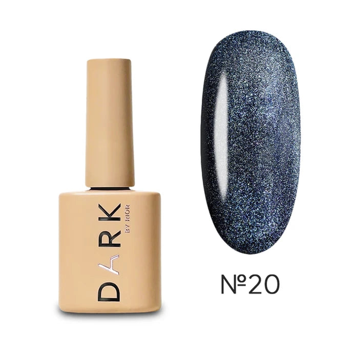 Dark gel nail polish bottle beside a swatch of glittery dark blue shade No.20