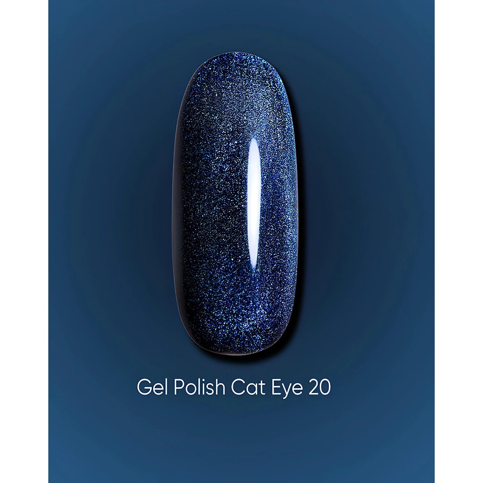 Gel polish Cat Eye 20, dark blue glitter nail color sample on blue background