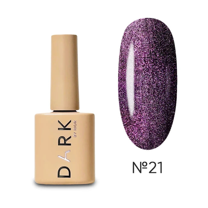 Bottle of DARK gel polish and glittery purple nail swatch, shade number 21.