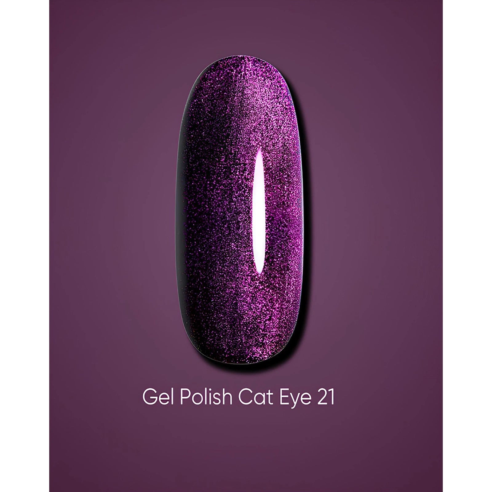 Purple cat eye gel polish swatch with shimmering effect on a dark background
