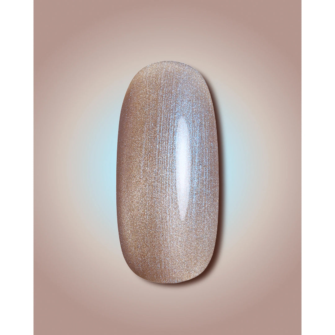 Shimmery nude brown gel nail polish swatch on artificial nail display