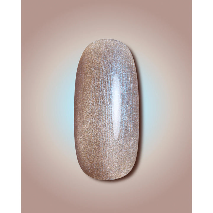 Shimmery nude brown gel nail polish swatch on artificial nail display