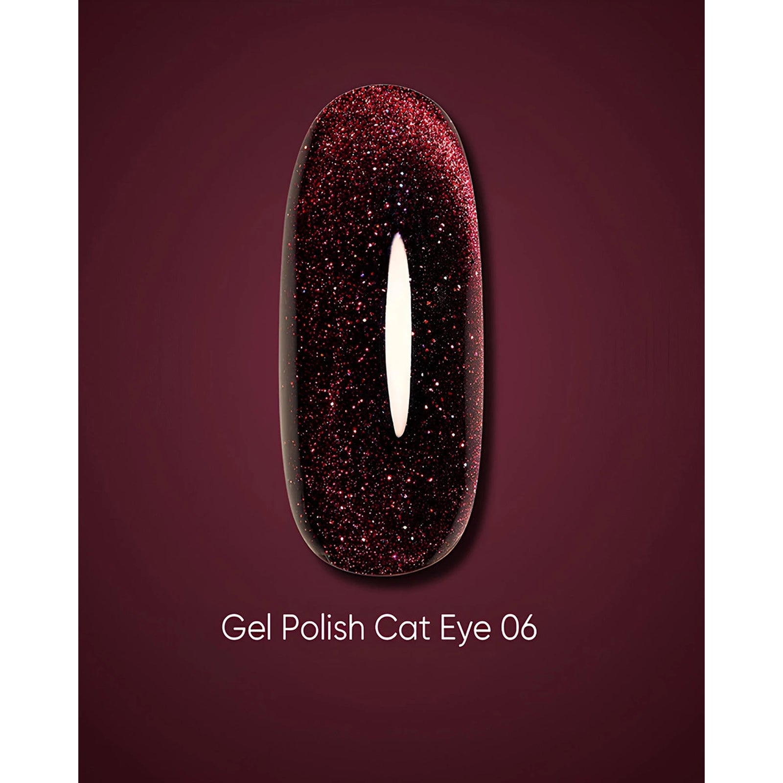 Gel polish Cat Eye 06 swatch with deep burgundy glitter and cat eye effect on nail tip