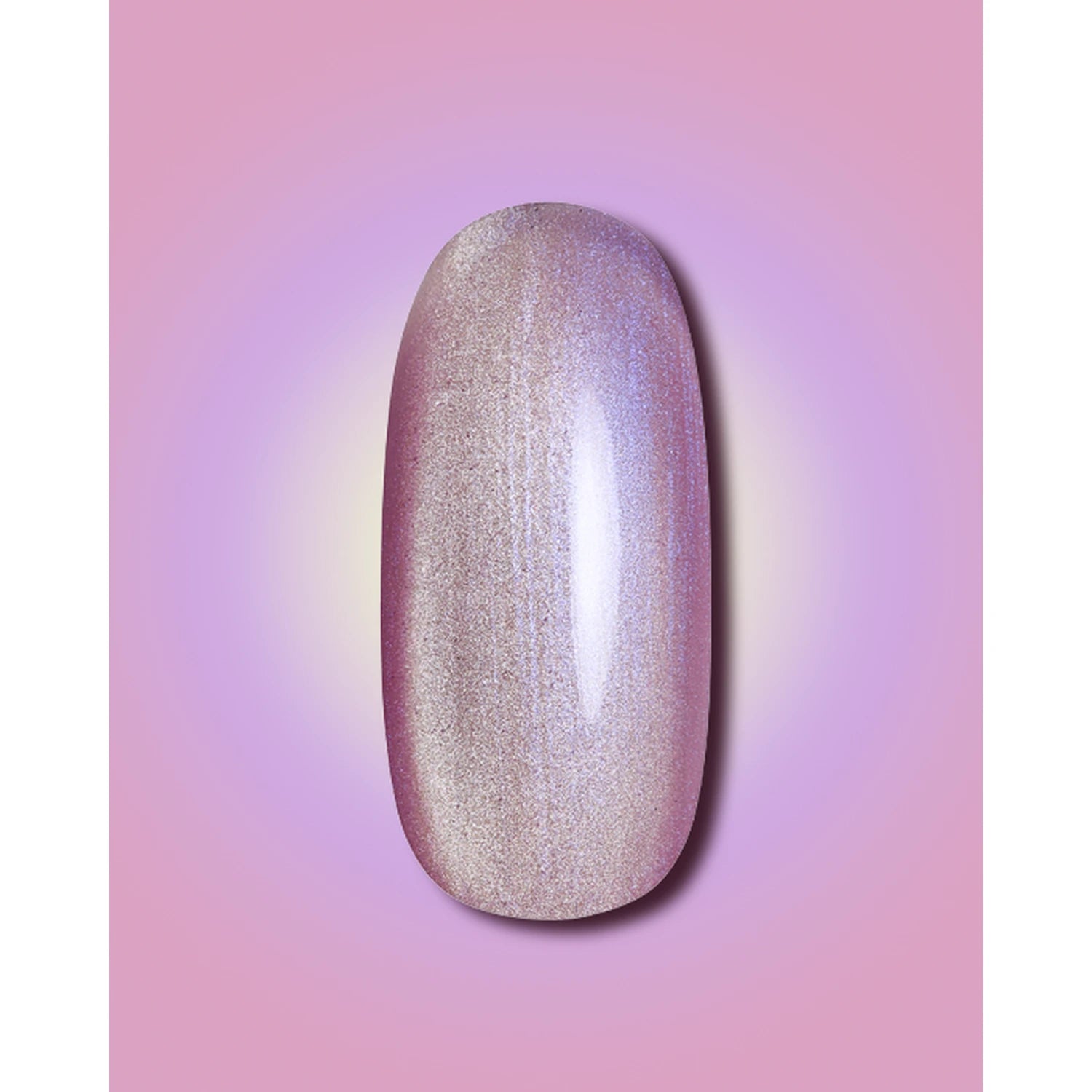 Iridescent pink and lavender gel nail polish swatch on a gradient pastel background