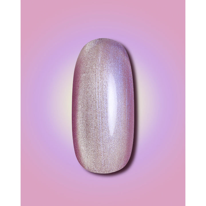 Iridescent pink and lavender gel nail polish swatch on a gradient pastel background