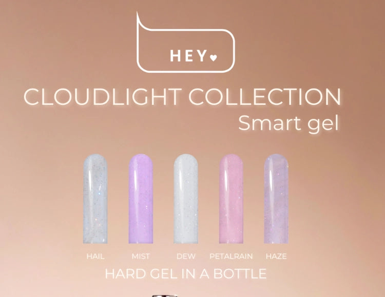 Five tubes of 'Hey Cloudlight Collection Smart gel' on a peach background with product names below.