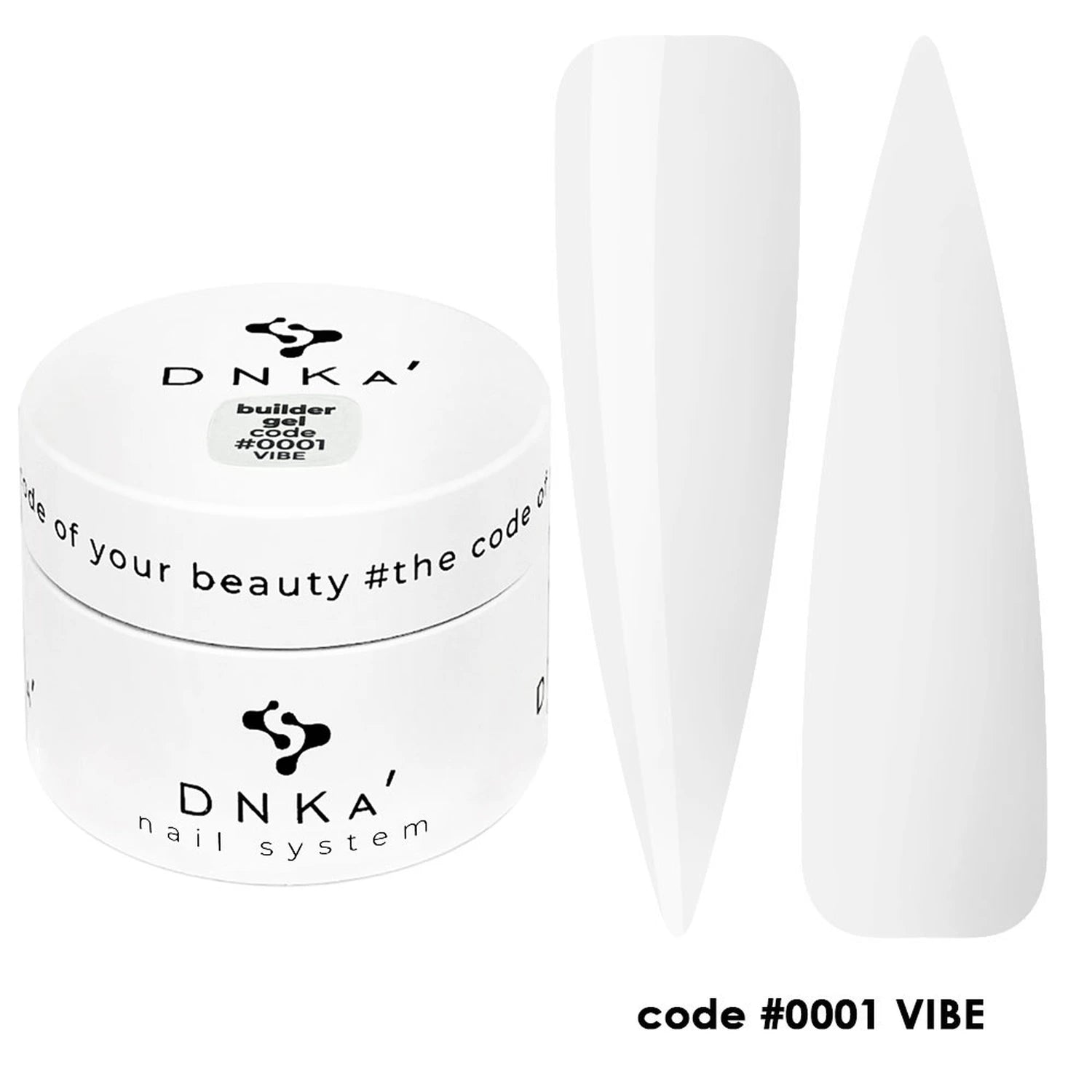White DNKA builder gel jar with two long almond-shaped nail tips, nail product code 0001 VIBE