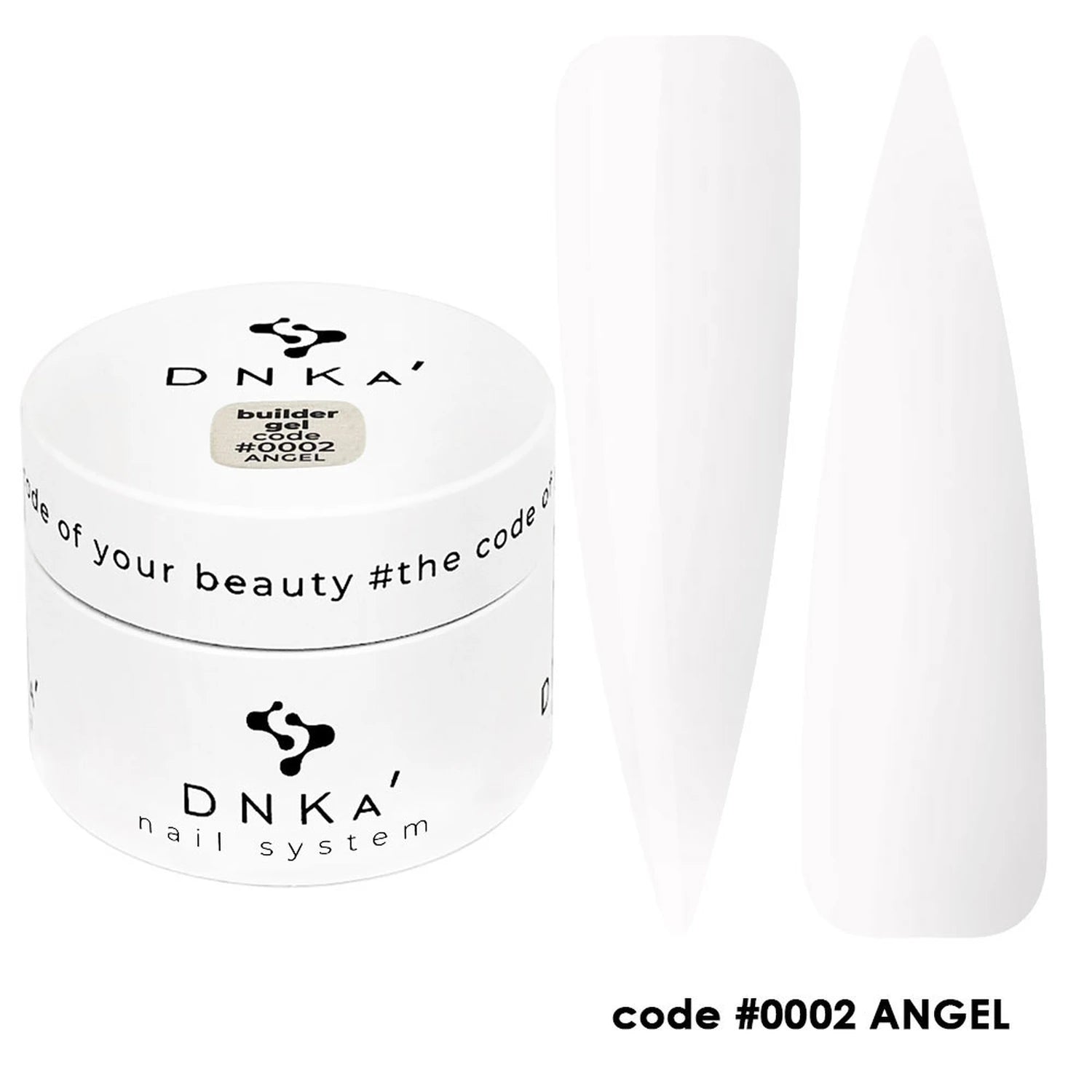 White builder gel nail polish jar with long glossy nail samples, code #0002 ANGEL