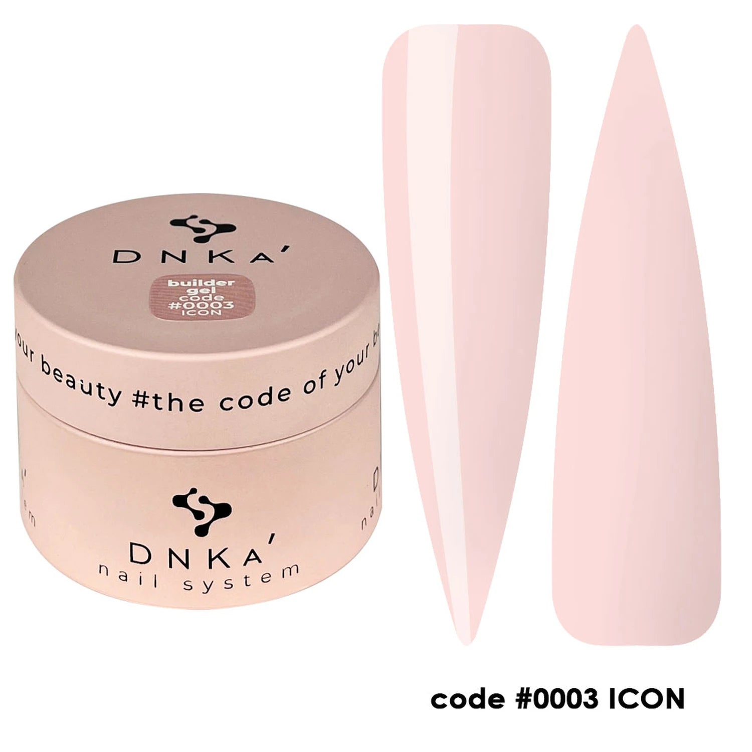 Builder gel nail product in soft pink, swatched on nail forms, labeled code #0003 ICON
