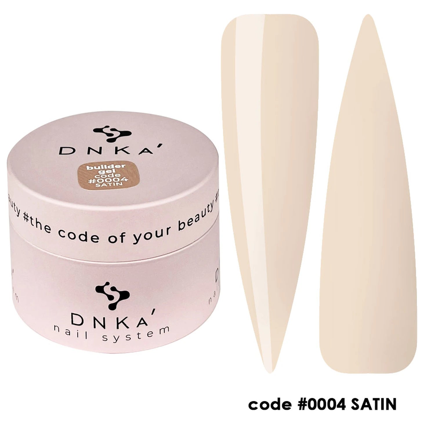 Builder gel jar labeled code #0004 SATIN with two beige nail tips, manicure product