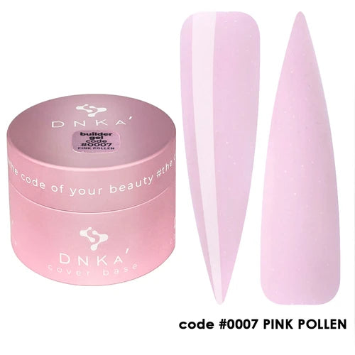 Pink builder gel for nails with two samples showing glossy light pink manicure results, code #0007 PINK POLLEN.