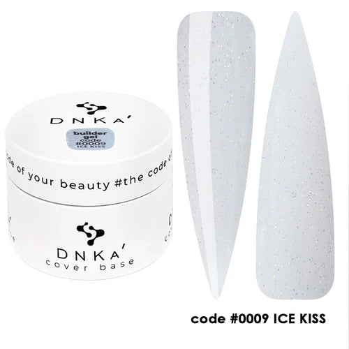 White glitter nail builder gel in jar with swatch samples, code #0009 ICE KISS.