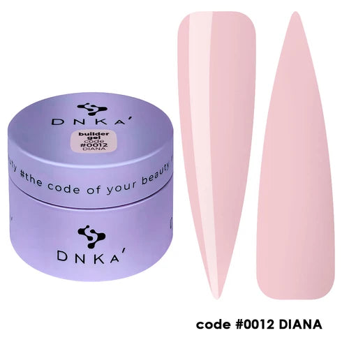 Pink builder gel for nails in a purple jar with two nail shape samples, code 0012 DIANA.