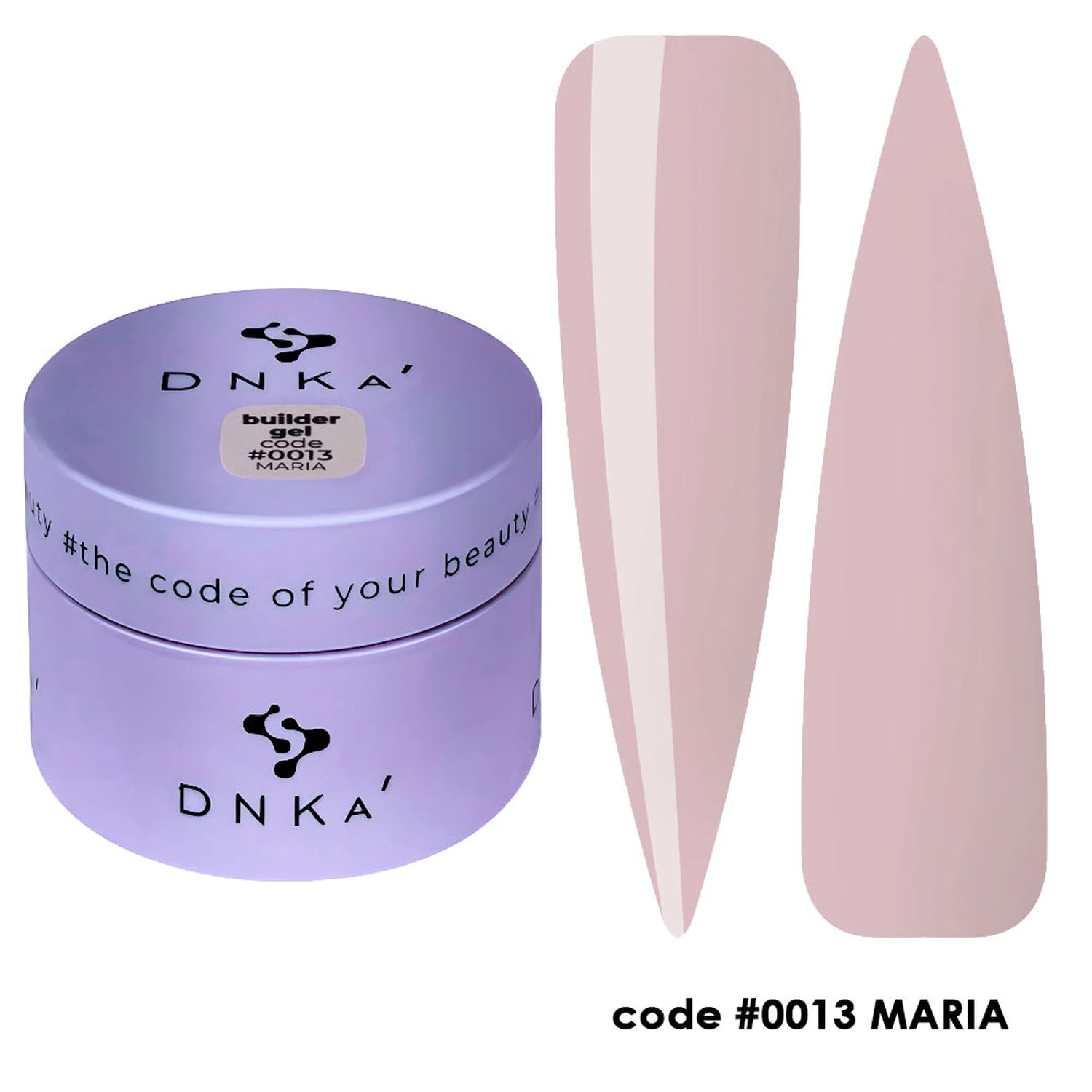 DNKA builder gel code 0013 Maria in pastel purple jar with nude nail color samples