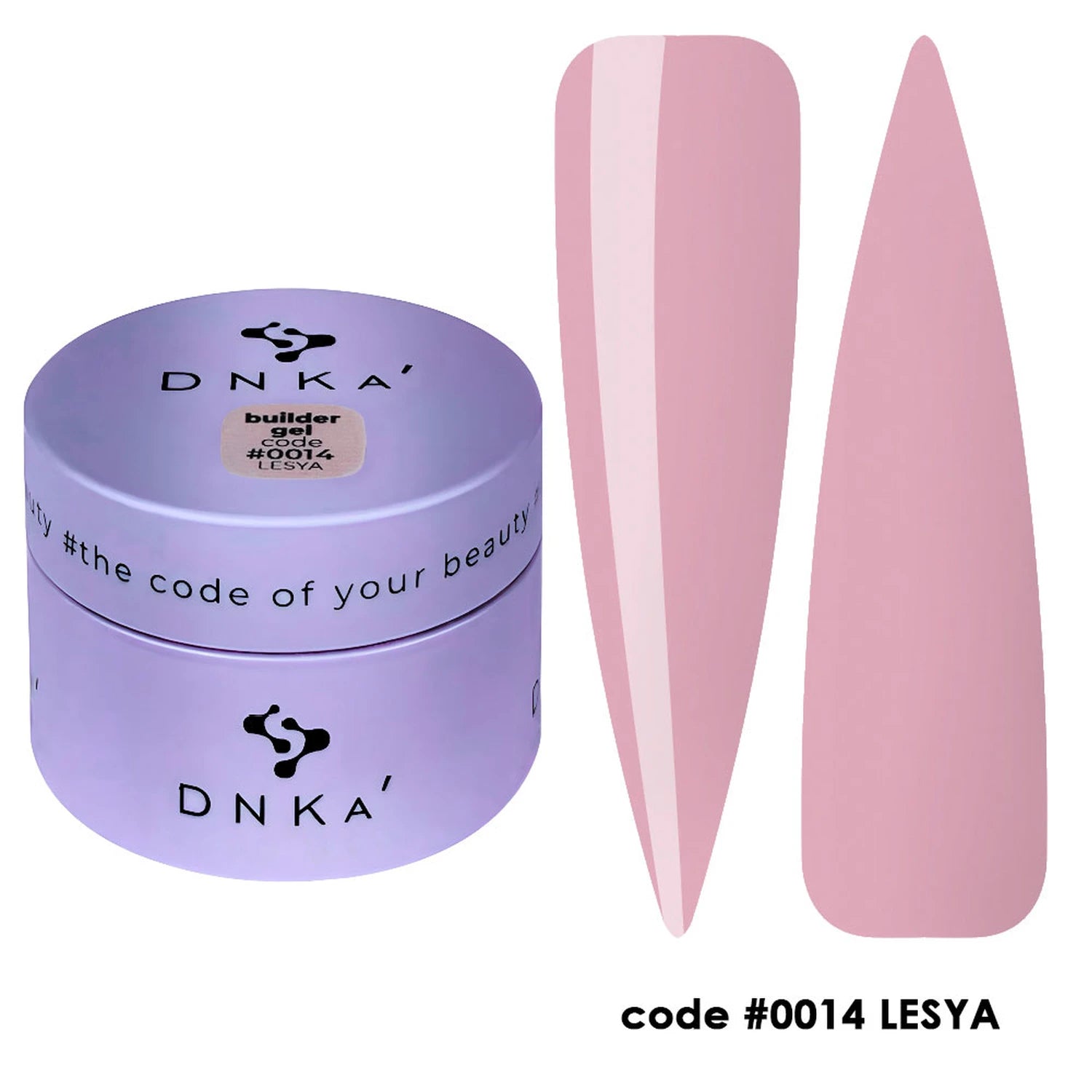Pink builder gel for nails in a purple jar with swatches, code 0014 LESYA, nail product
