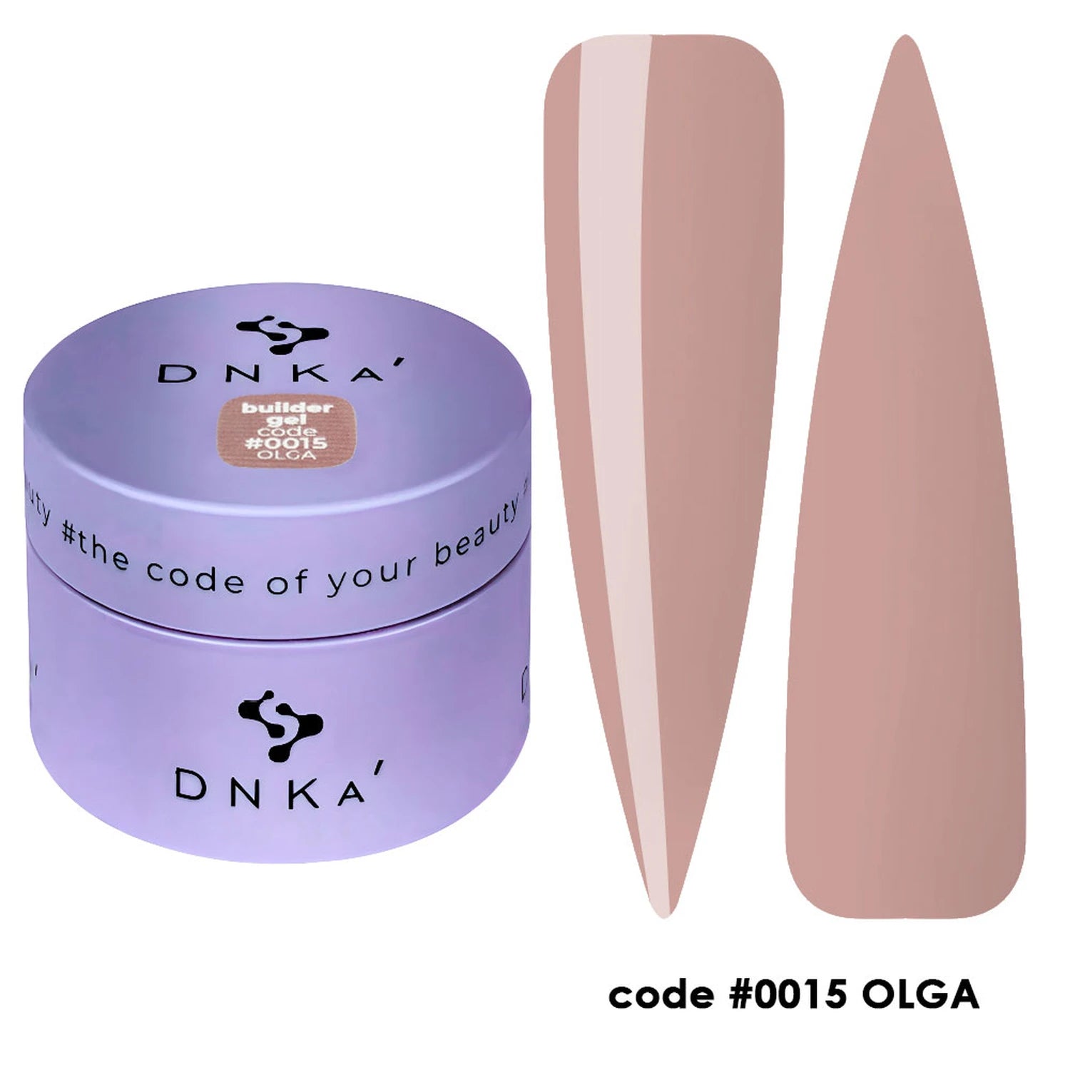 Builder gel code 0015 OLGA in a lavender jar with nude pink gel color samples, professional nail product.