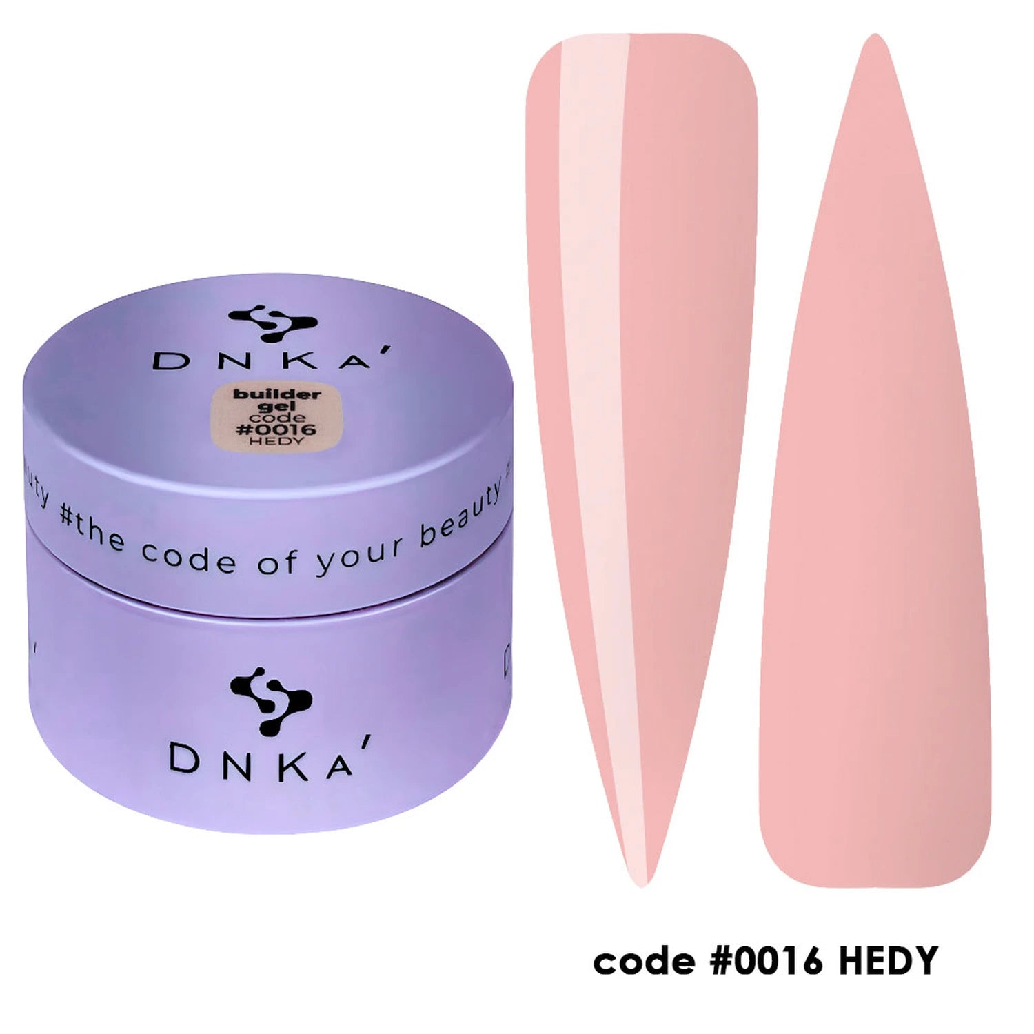DNKA builder gel jar with nude pink nail color samples, code 0016 HEDY, manicure product