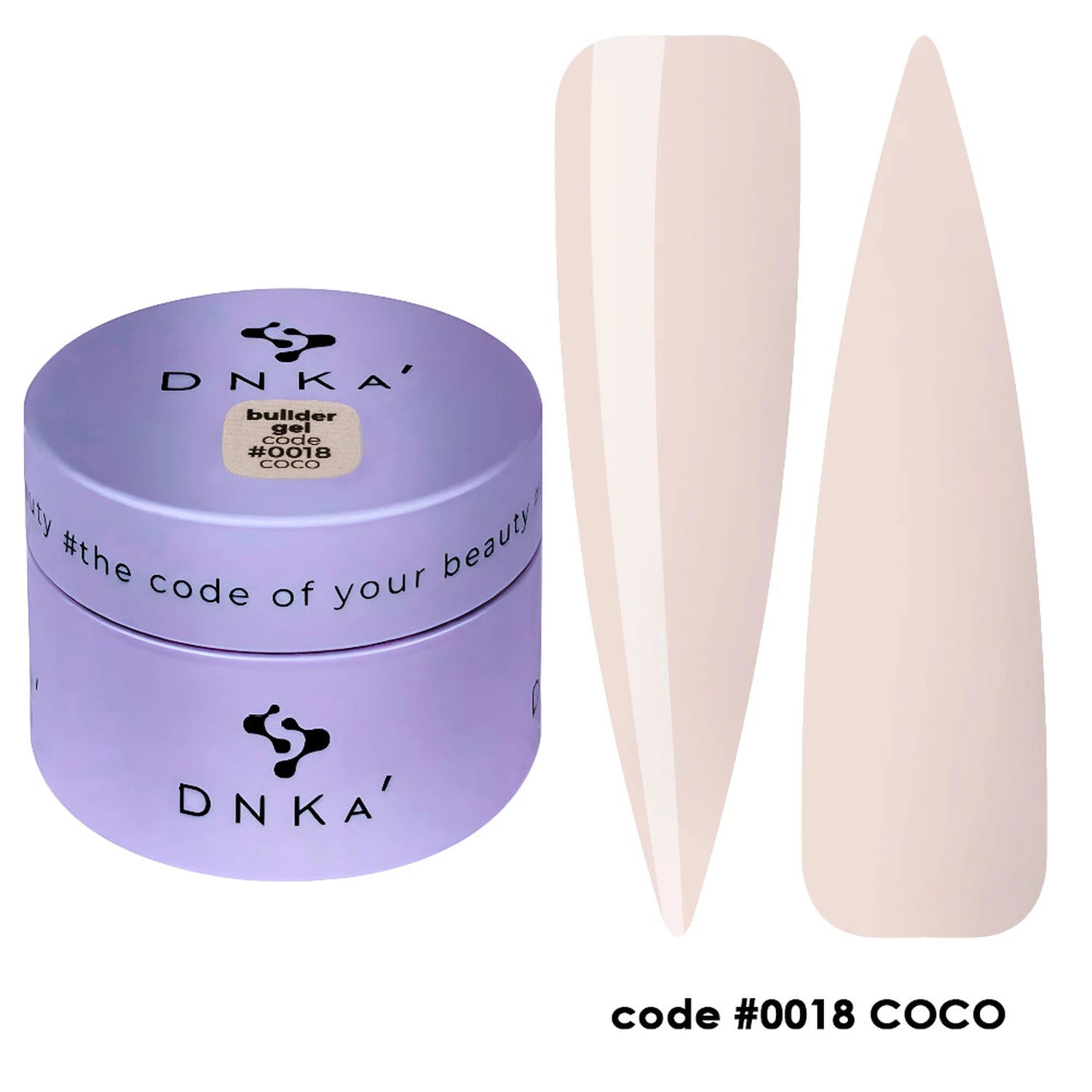 Builder gel jar labeled code #0018 COCO with nude nail samples for manicure