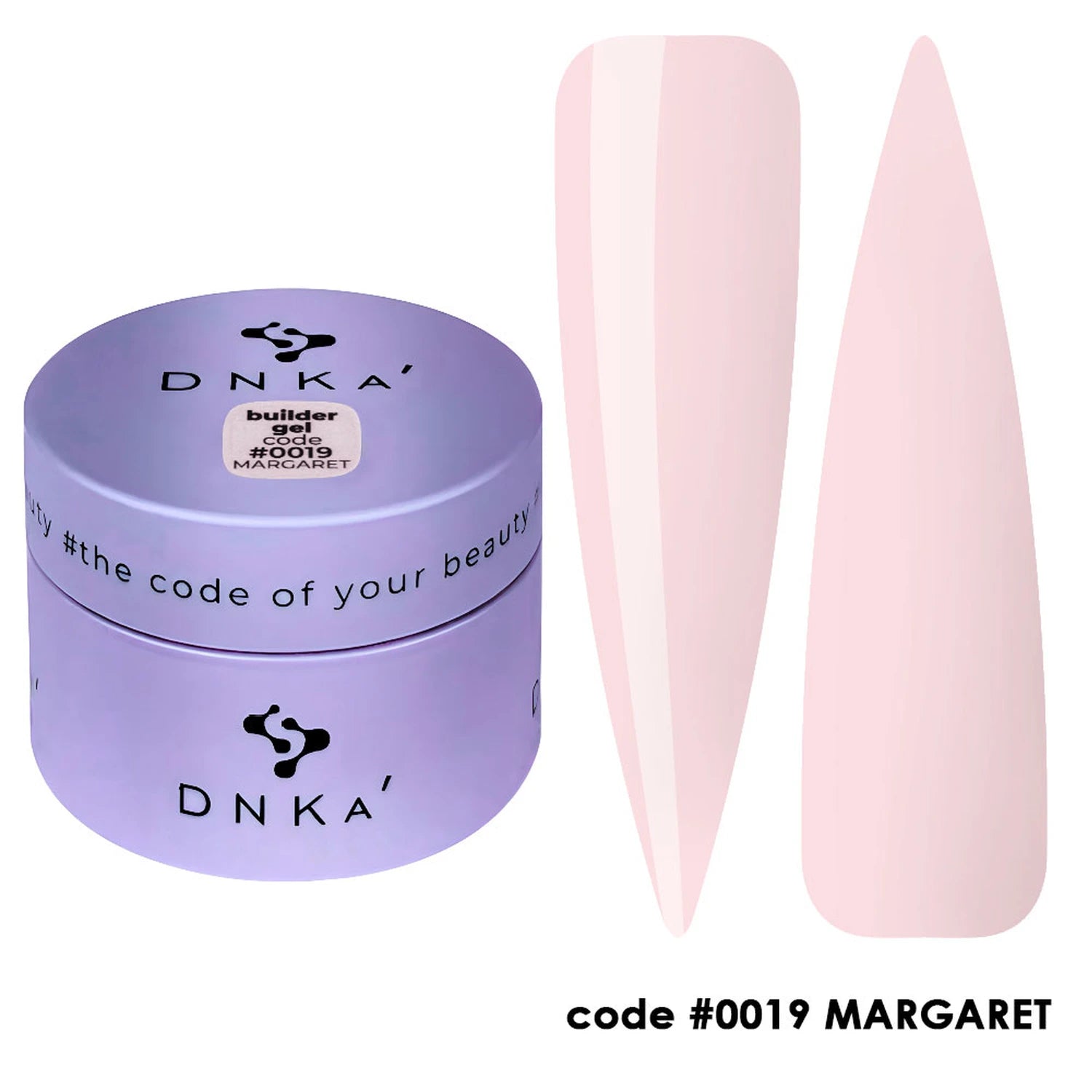 Light pink builder gel for nails in a purple DNKA jar, with two nail swatches, code 0019 Margaret.