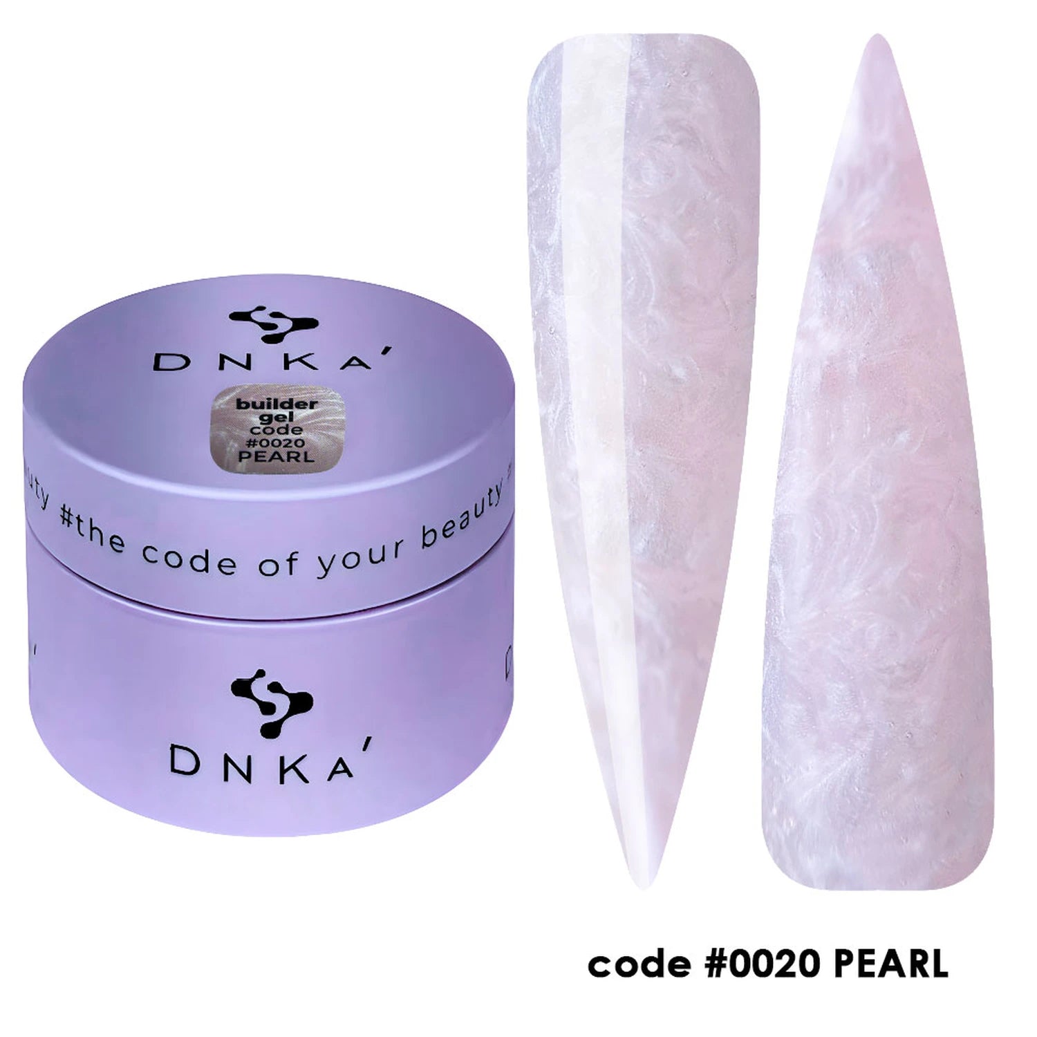 DNKA builder gel jar in pearl shade with two long, pearly pink nail samples, code 0020.