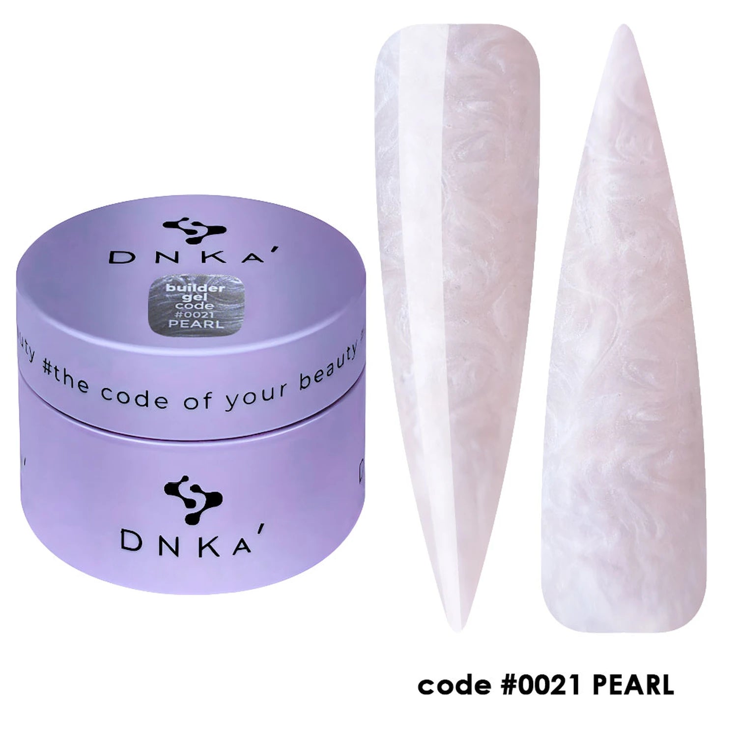 Builder gel in pearl shade with marbled nail art sample, code 0021, nail product